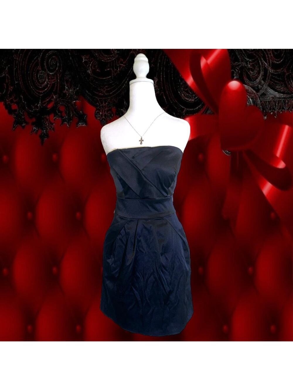 luxe satin elegant pleated sleek black strapless mini dress